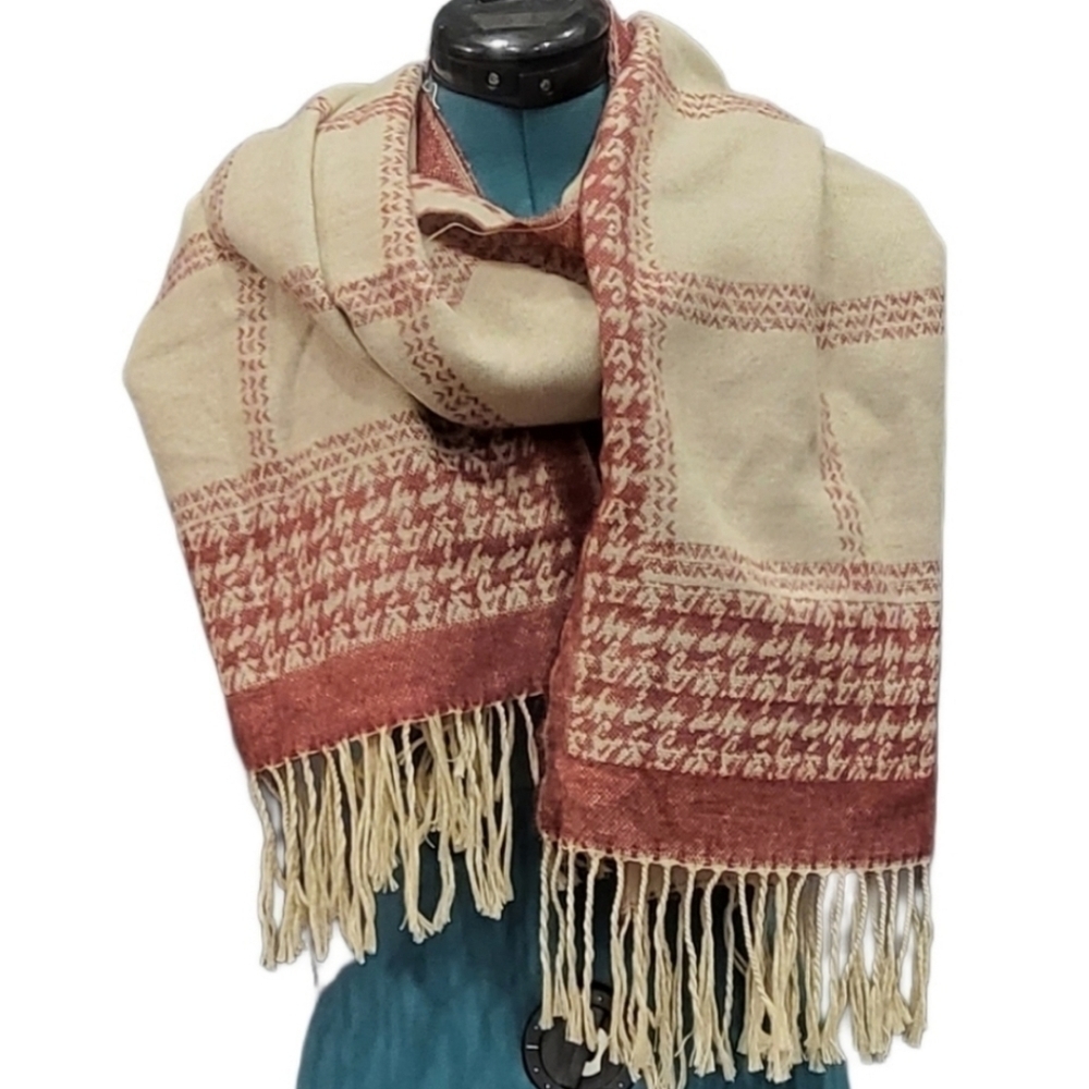 WOOL Blend Houndstooth Fringe Scarf